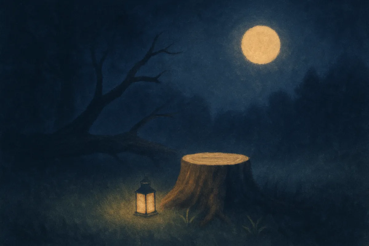 A painted nocturnal scene of an old tree felled to a pale stump in a moonlit garden, a lantern on the grass, small green shoots by the roots