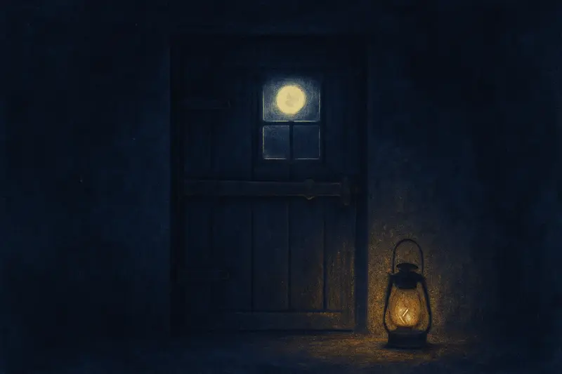 Matar en defensa propia — la puerta de una cabaña atrancada por dentro, luz de luna sobre la barra de hierro
