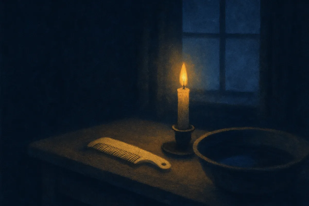 A painted dream scene of a fine-toothed comb and a lit candle on a wooden washstand at night