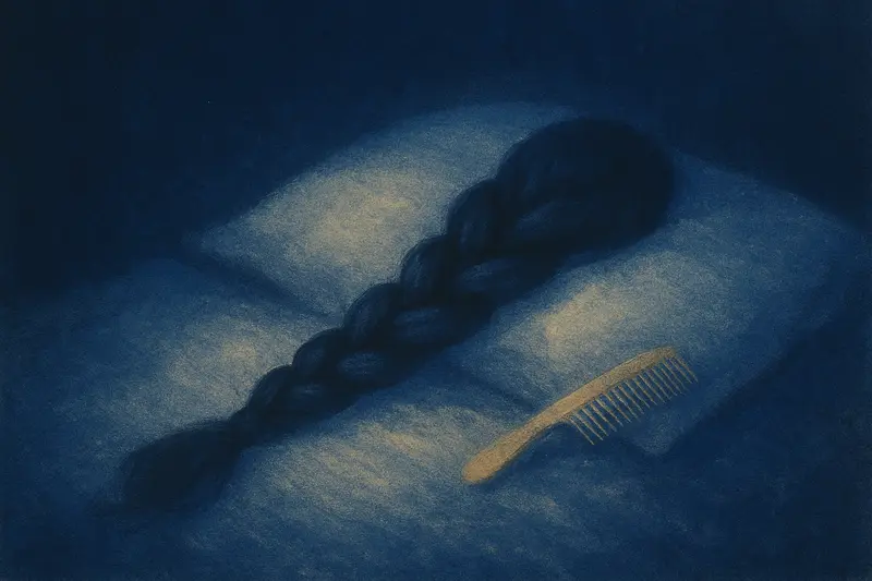 Pidocchi nei capelli — una treccia scura su un cuscino bianco con un pettine fitto accanto al chiaro di luna