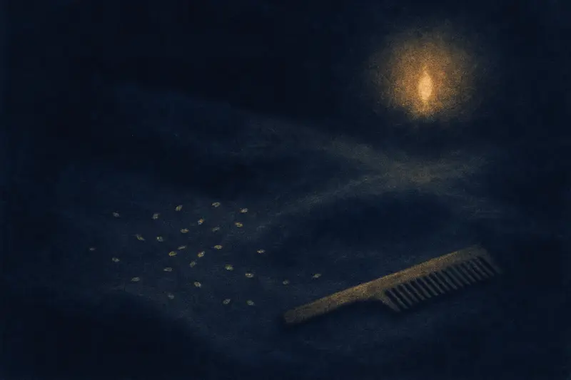 Tanti pidocchi — minuscoli puntini chiari sparsi su lino scuro al chiaro di luna