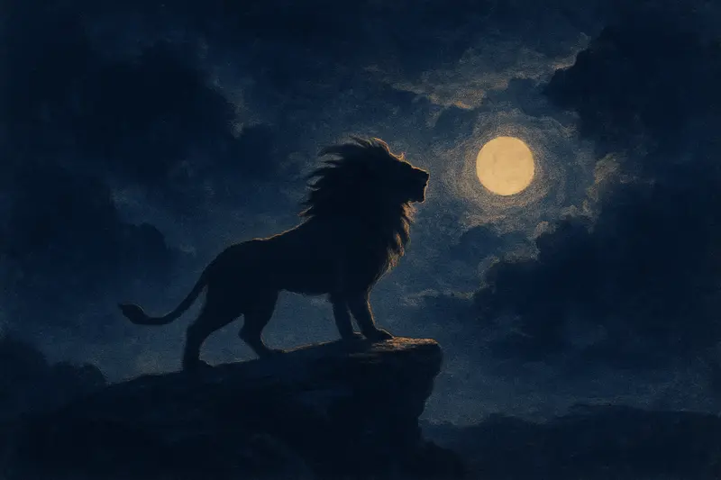 Un leone che ti attacca — un leone ritto su una roccia al chiaro di luna, la criniera al vento