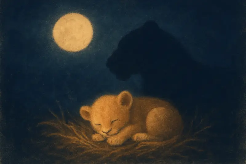 Un cucciolo di leone — un cucciolo di leone dorme nell'erba secca, la madre riposa dietro