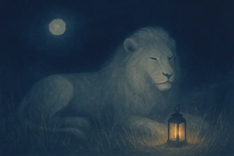 Un leone mansueto — un leone sdraiato tranquillo nell'erba alta al chiaro di luna accanto a una lanterna