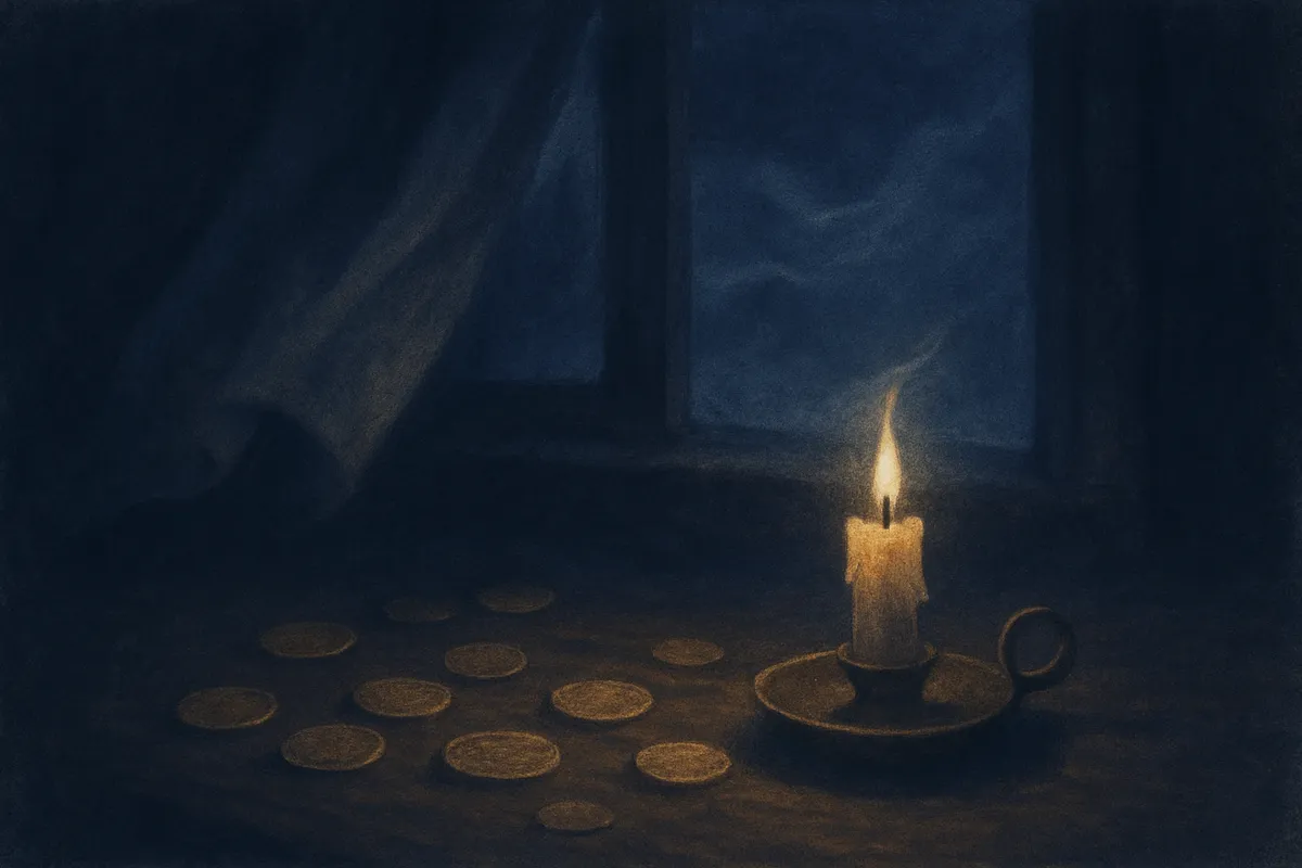 A painted dream scene of old coins scattered across a dark wooden table beside a single candle, a night window open behind them