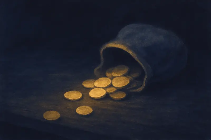 Monete — vecchie monete che escono da un borsellino su un tavolo al chiaro di luna