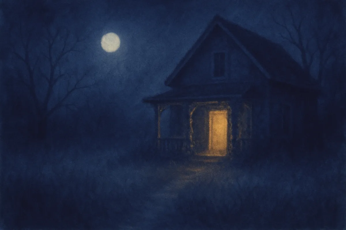 A painted dream scene of an overgrown old house at night with its front door ajar