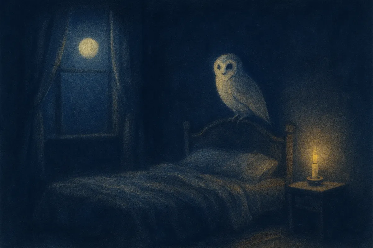 A painted dream scene of a pale owl perched on the headboard of an empty bed in a moonlit room
