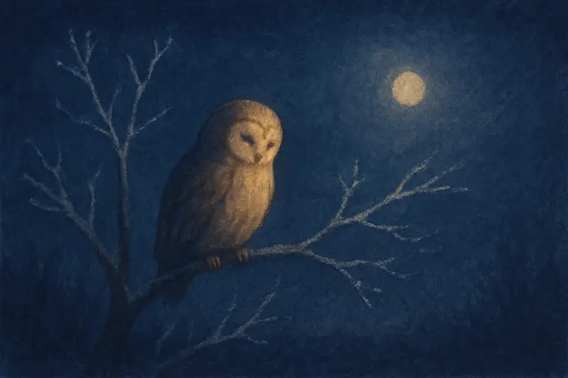 An owl seen by day — an owl on a bare branch in pale dawn light with a fading moon