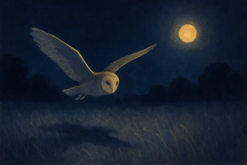 Un búho volando — un búho claro planea bajo sobre un prado a la luz de la luna