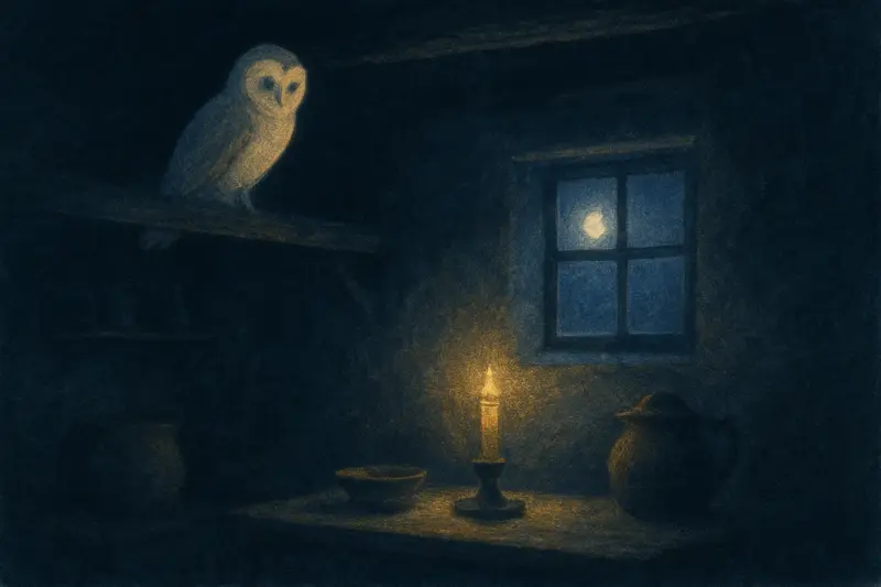 Un gufo in casa — un gufo appollaiato su una trave in una cucina al chiaro di luna