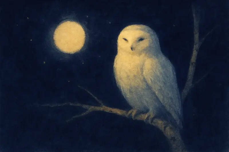Un búho blanco — un búho blanco en una rama de abedul a la luz de la luna