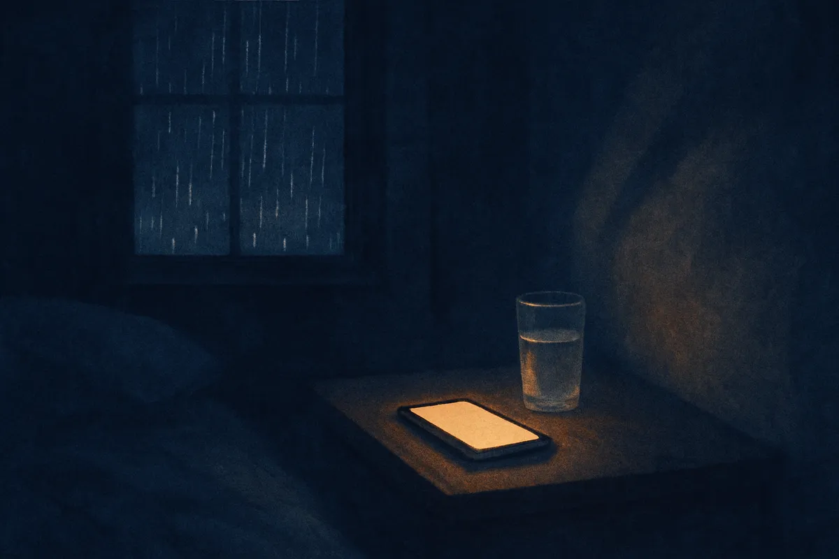 A painted dream scene of a glowing phone lying face-up on a nightstand in a dark bedroom