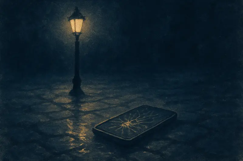 Um celular quebrado — um celular de tela rachada sobre paralelepípedos molhados sob um poste