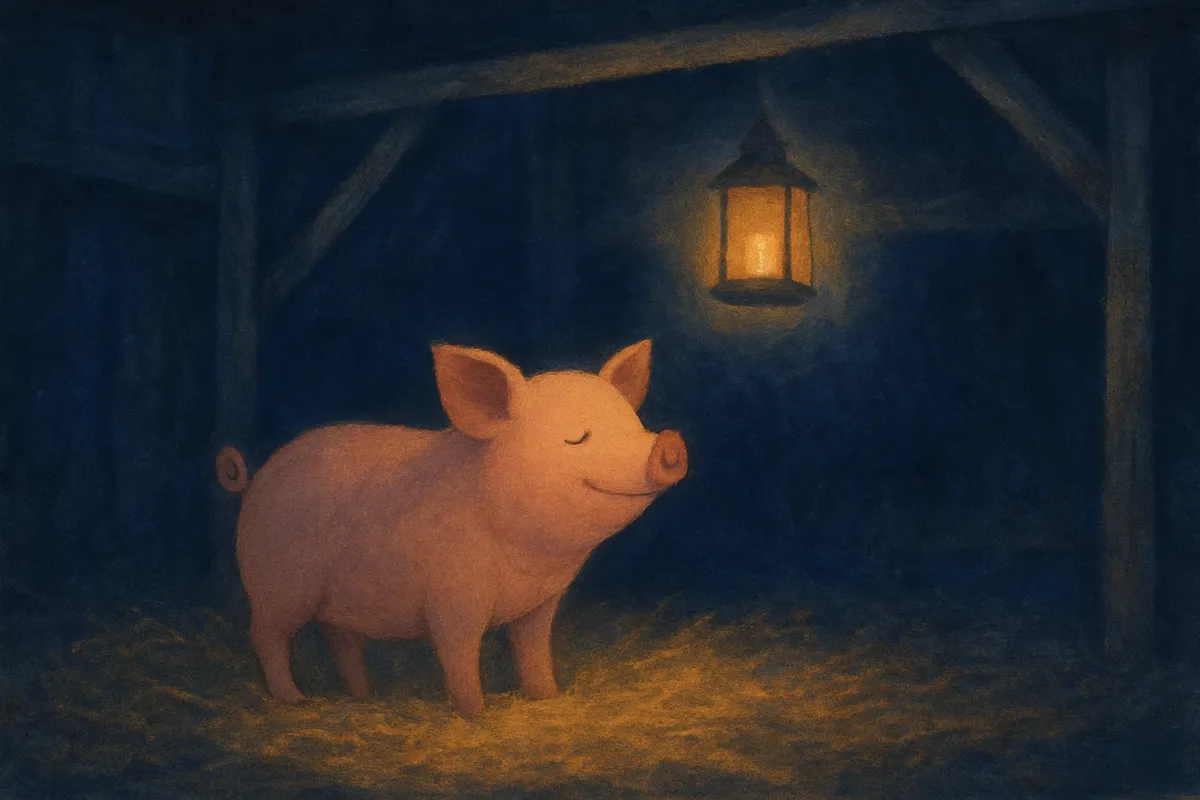 A painted dream scene of a pink pig standing in straw in a lantern-lit barn at night