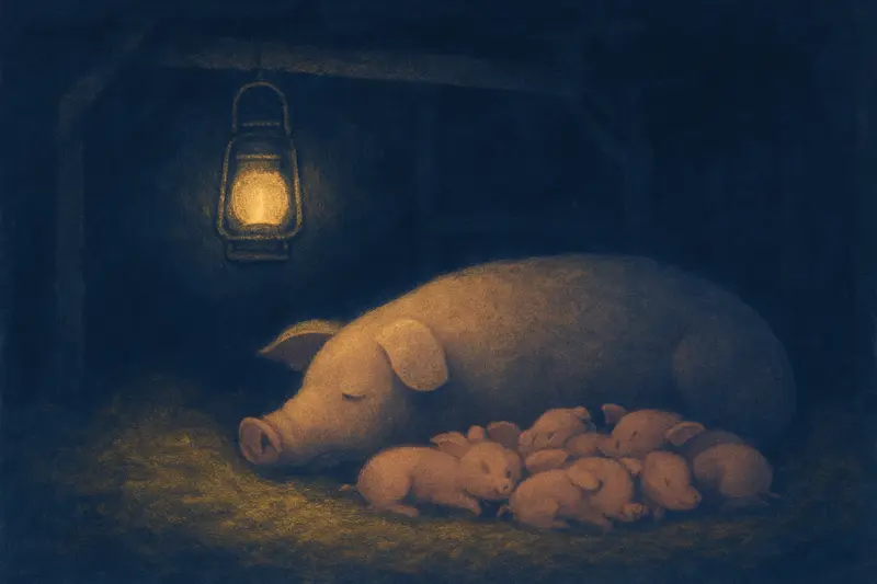 Piglets — painting of a sow and her sleeping piglets in lantern-lit straw