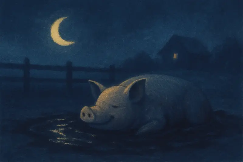 A pig in the mud — painting of a pig wallowing in a moonlit farmyard puddle