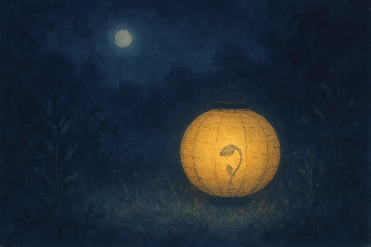 A painted dream scene of a glowing paper lantern in a dark night garden, a small green shoot curled inside it