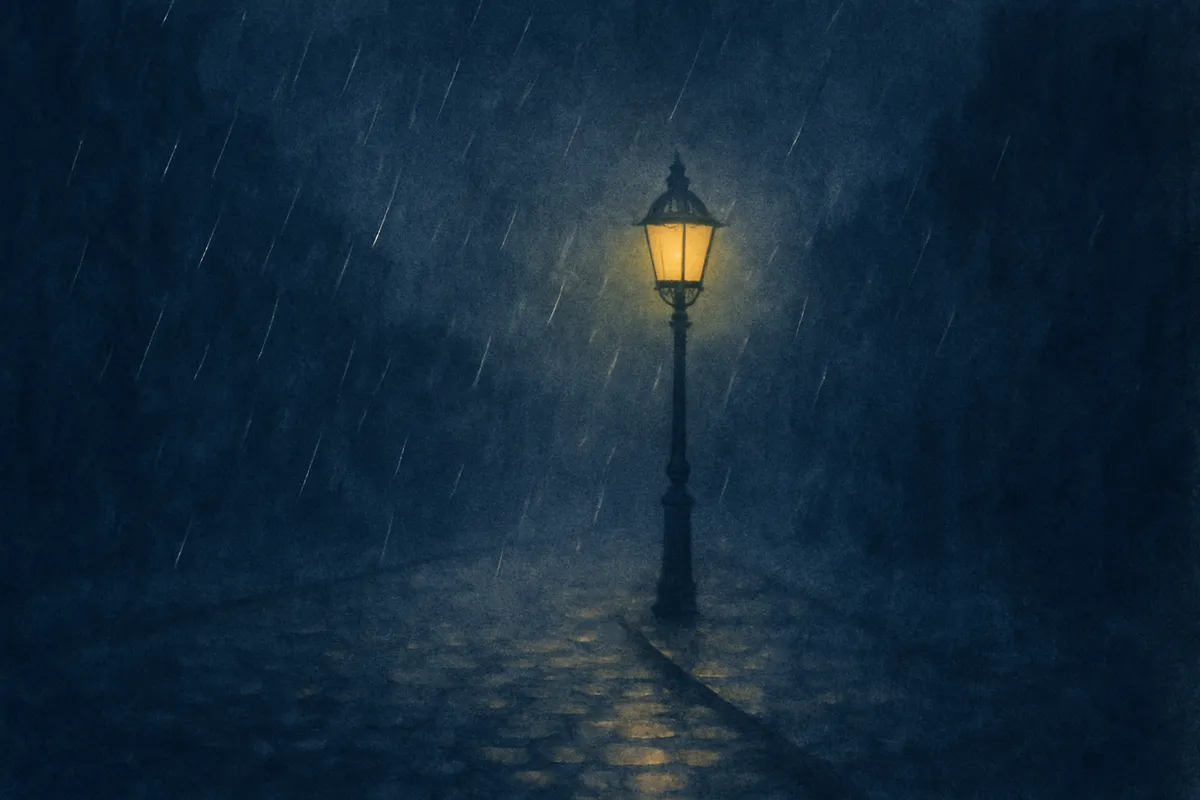 Escena de sueño pintada: lluvia suave sobre una calle tranquila de noche, bajo la luz de una sola farola