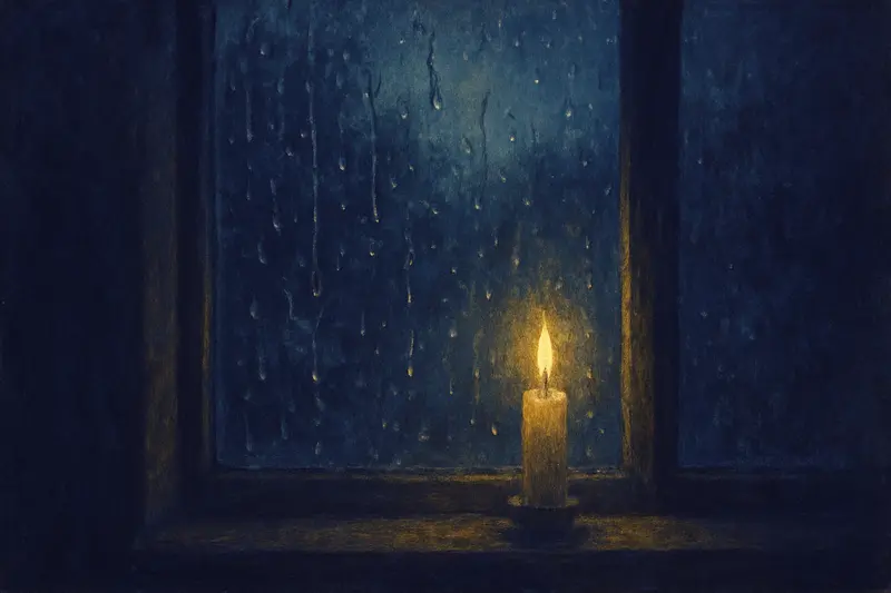 Ver llover por la ventana: pintura de gotas de lluvia sobre un cristal iluminado por una vela
