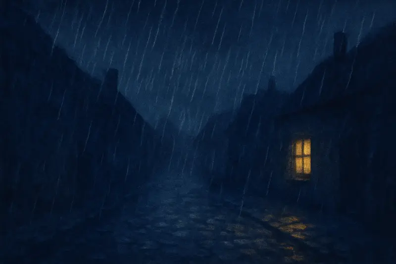 Lluvia fuerte: pintura de un aguacero sobre la calle oscura de un pueblo con una sola ventana iluminada