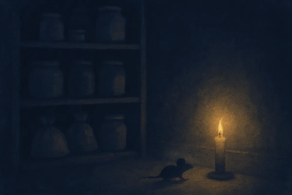A painted dream scene of a dark pantry at night, a small shadow slipping along the skirting board past the edge of a candle's light