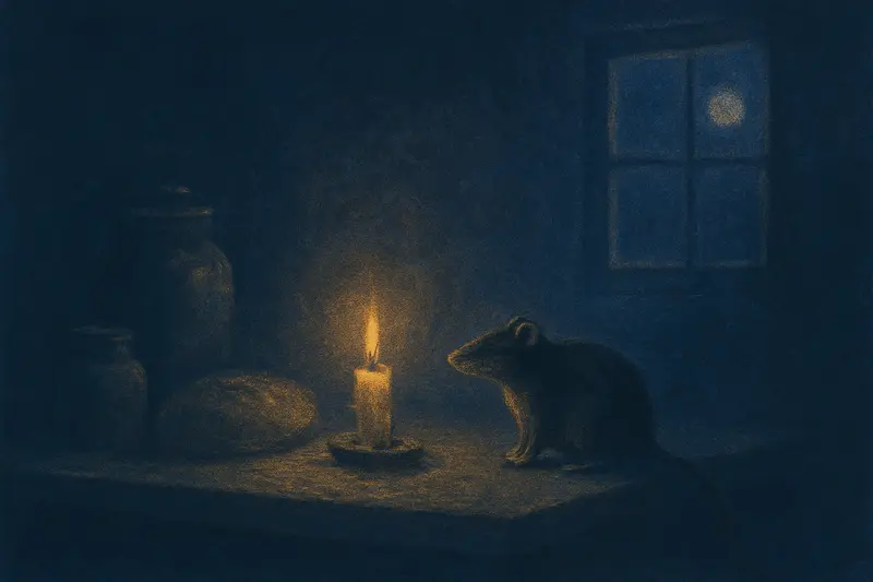 Ratas en casa — una rata en el borde de una mesa de cocina junto a una vela a la luz de la luna