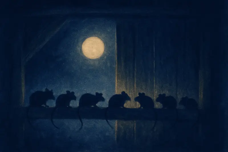 Muchas ratas — pequeñas siluetas de ratas sobre una viga del granero a la luz de la luna