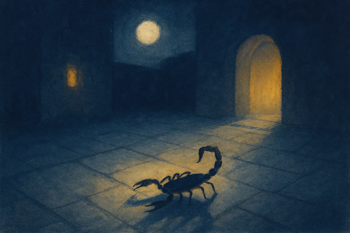 A painted night scene of a small scorpion crossing moonlit stone tiles, casting a long shadow