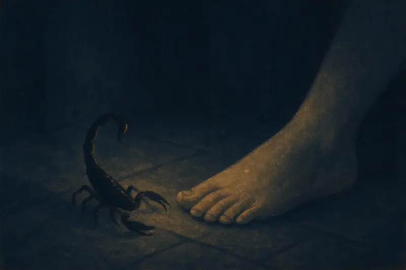 Una puntura di scorpione — dipinto di un piccolo scorpione accanto a un piede nudo addormentato, un riflesso di luna sulla pelle