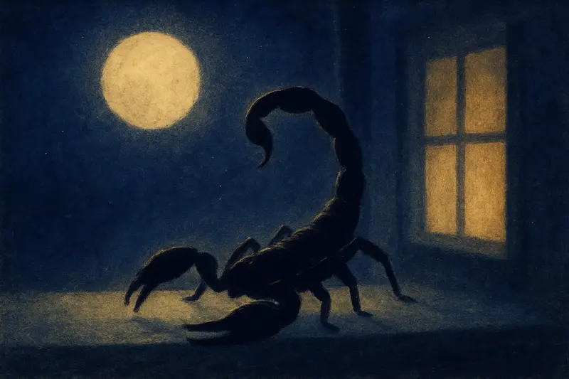 Un alacrán negro — pintura de un alacrán negro y brillante sobre un alféizar iluminado por la luna, contra la noche azul