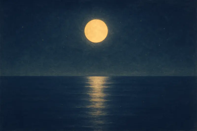 Un mare calmo — dipinto di un mare immenso e liscio di notte con una lunga scia d’argento della luna