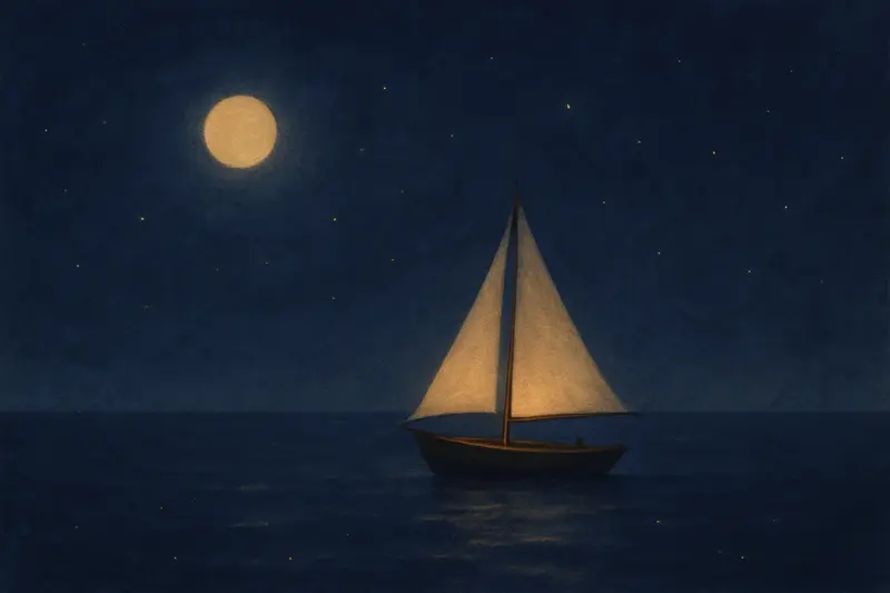 Sailing on the sea — painting of a small sailboat alone on an immense moonlit sea