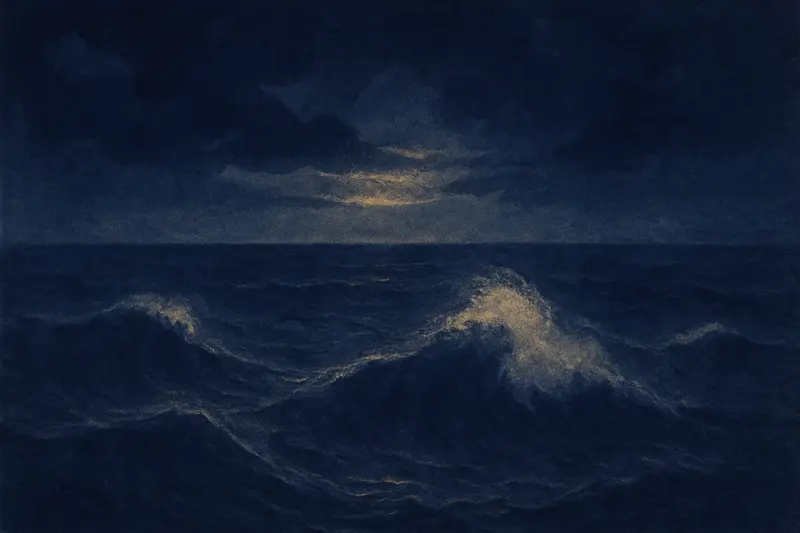 Un mare in tempesta — dipinto di alte onde scure che si infrangono in spuma chiara sotto un cielo in tempesta
