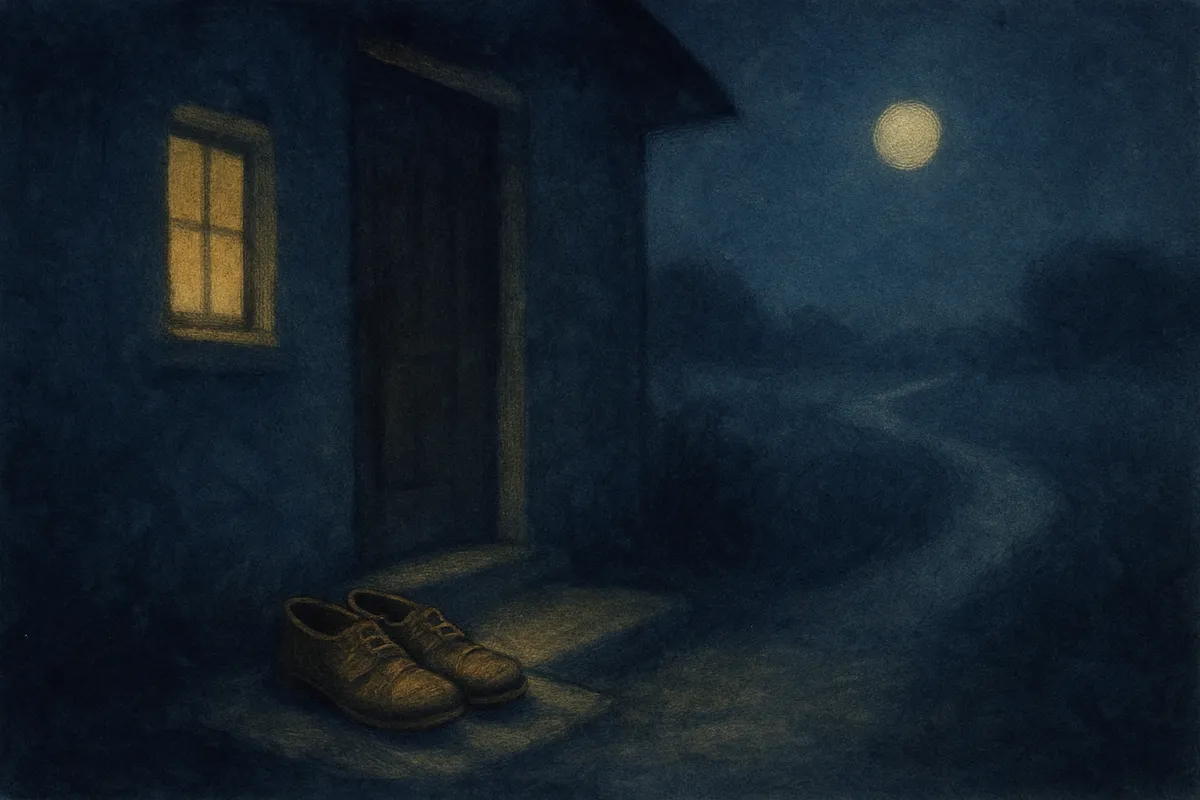 Scena onirica dipinta: un paio di scarpe su una soglia illuminata dalla luna, un sentiero che si allontana nella notte