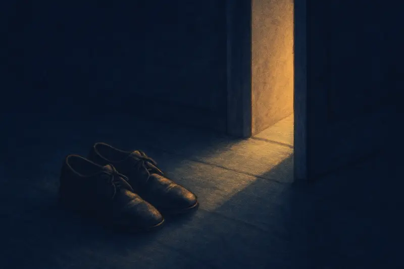 Scarpe nuove — dipinto di un paio di scarpe di cuoio nuove accanto a una porta aperta, luce di luna sul pavimento