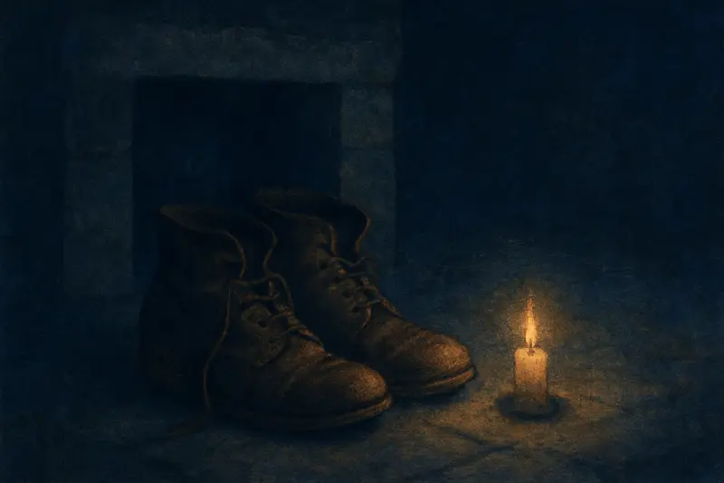 Scarpe vecchie — dipinto di un paio di stivali di cuoio consumati accanto a un focolare spento, alla luce di una candela