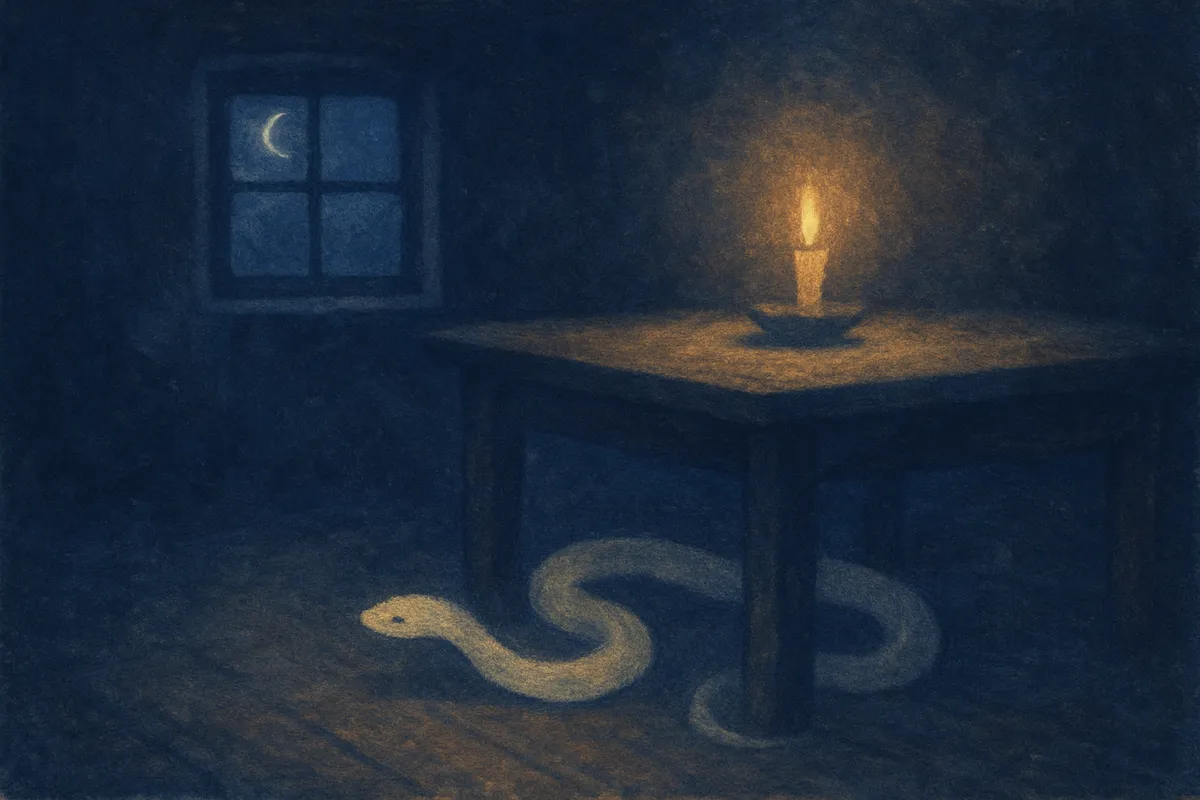 A painted dream scene of a pale snake beneath a kitchen table in a moonlit farmhouse