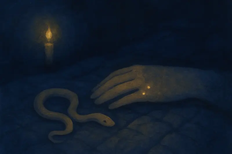 Una mordedura de serpiente — pintura de una pequeña serpiente enroscada junto a una mano dormida, dos puntos de luz de luna sobre la piel