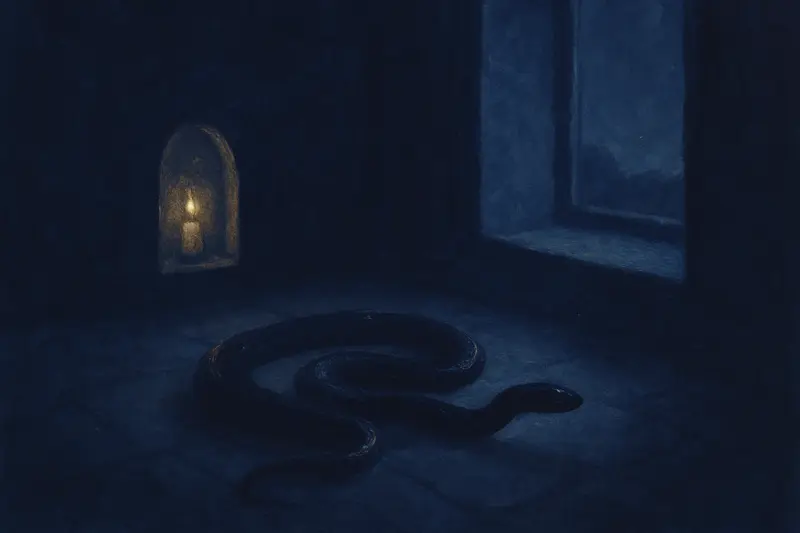 Una serpiente negra — pintura de una serpiente negra y brillante enroscada sobre un suelo de piedra a la luz de la luna