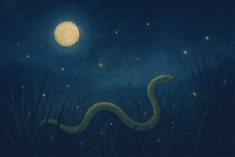 Una serpiente verde — pintura de una serpiente verde y delgada entre la hierba húmeda de un prado a la luz de la luna