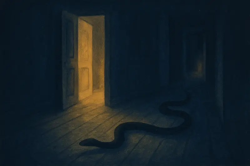 Una serpiente en casa — pintura de una serpiente que se desliza por el suelo de madera de un pasillo oscuro, con luz de lámpara saliendo de una puerta