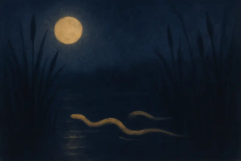 Una serpiente en el agua — pintura de una serpiente nadando en un estanque quieto a la luz de la luna, con una estela plateada