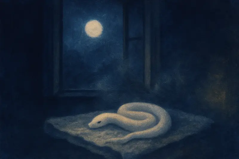 Cobra branca — pintura de uma cobra branca e pálida sobre um pano de linho dobrado junto a uma janela ao luar