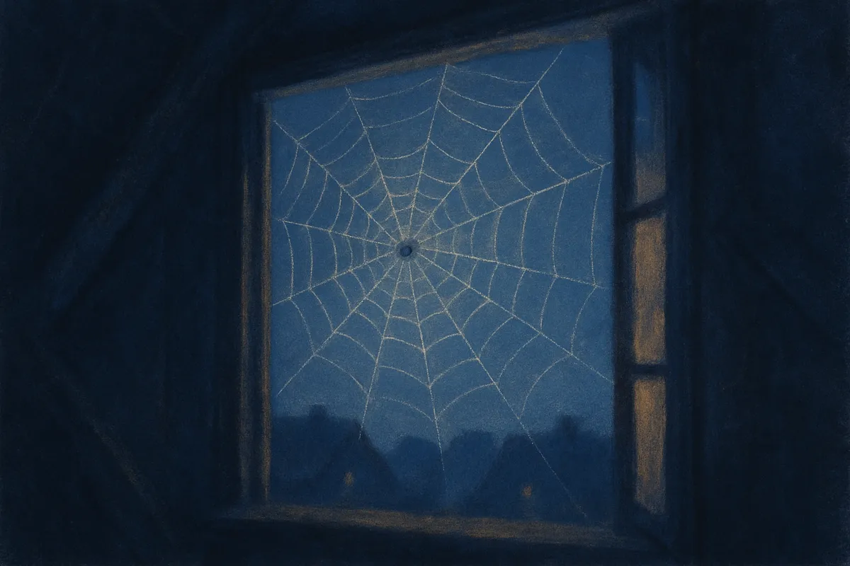 A painted dream scene of a spiderweb catching moonlight across an open attic window