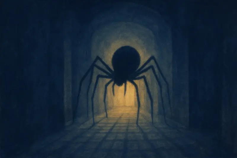 Una araña grande — pintura de una araña enorme inmóvil al fondo de un pasillo iluminado por la luna