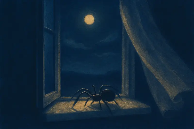 Una araña negra — pintura de una araña negra y brillante sobre el alféizar de una ventana a la luz de la luna