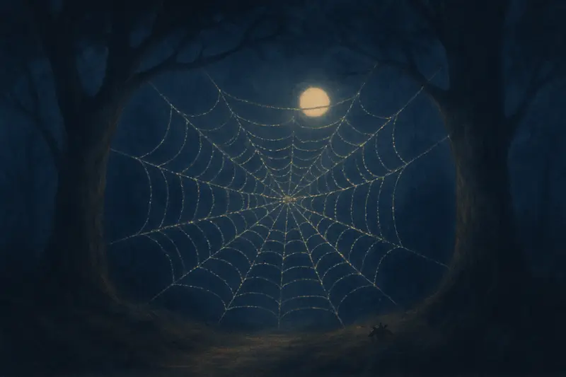 Una telaraña — pintura de una gran telaraña cubierta de rocío tendida sobre un sendero del bosque a la luz de la luna