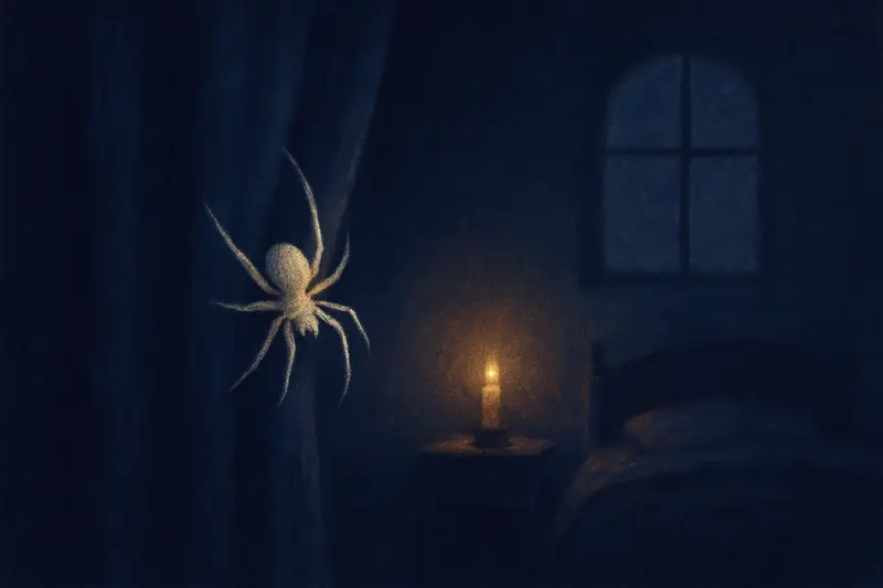 Una araña blanca — pintura de una araña blanca y pálida que brilla sobre una cortina oscura a la luz de la luna