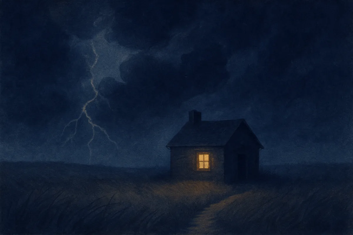 A painted dream scene of a lone cottage with one lit window on a dark plain beneath towering storm clouds